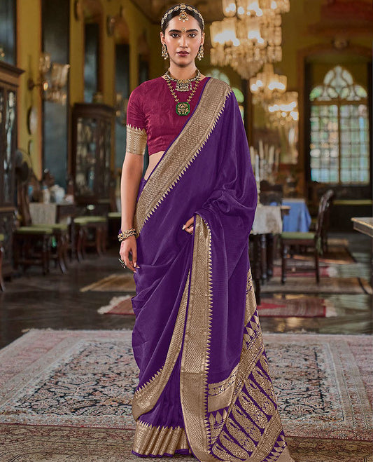 Violet Sparsely Textured Designer Saree, Adorned with Traditional Zari Design Border, Pallu Features Paisley Designs, and Paired with a Contrast Blouse