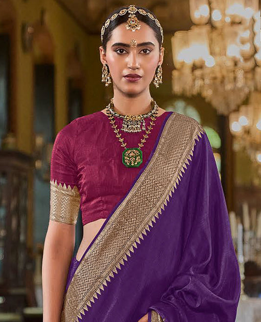 Violet Sparsely Textured Designer Saree, Adorned with Traditional Zari Design Border, Pallu Features Paisley Designs, and Paired with a Contrast Blouse