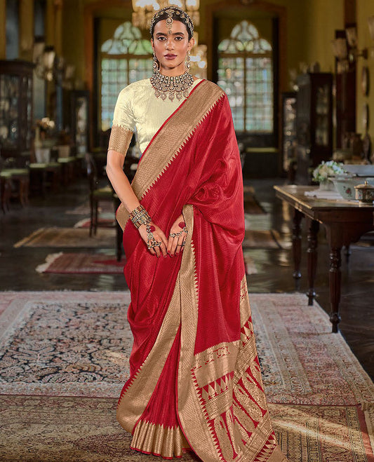 Red Sparsely Textured Designer Saree, Elevated with Traditional Zari Design Border, Pallu Features Paisley Designs, and Paired with a Contrast Blouse