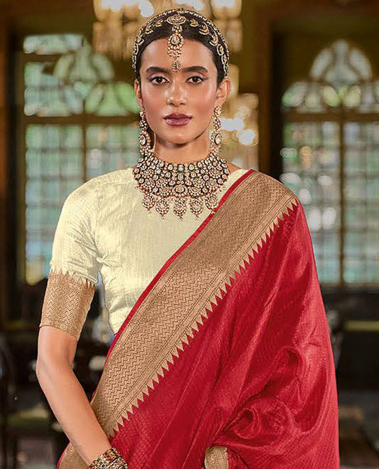 Red Sparsely Textured Designer Saree, Elevated with Traditional Zari Design Border, Pallu Features Paisley Designs, and Paired with a Contrast Blouse
