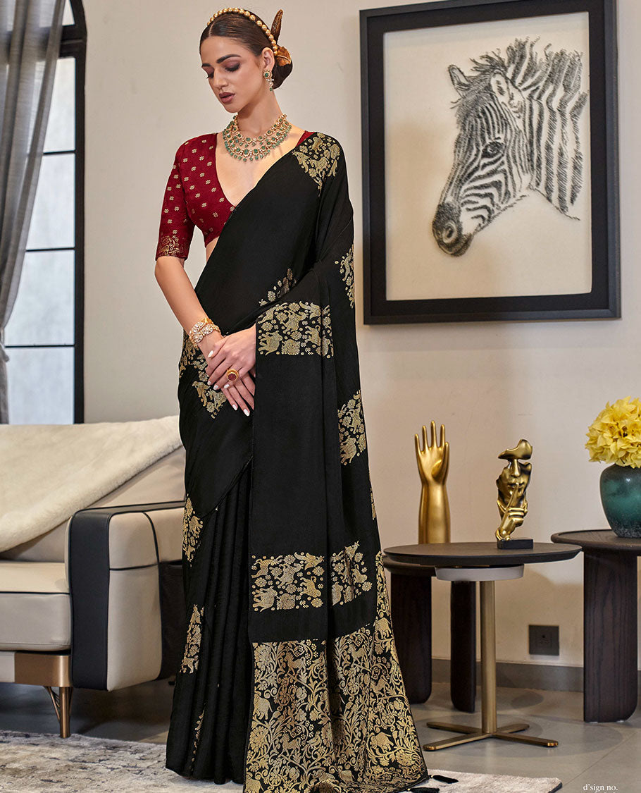 Borderless black animal motifs designer saree, self-pallu of animal motifs