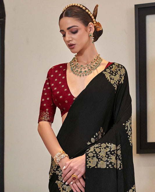 Borderless black animal motifs designer saree, self-pallu of animal motifs