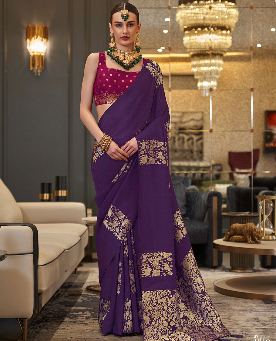 Borderless violet animal motifs designer saree, self-pallu of animal motifs