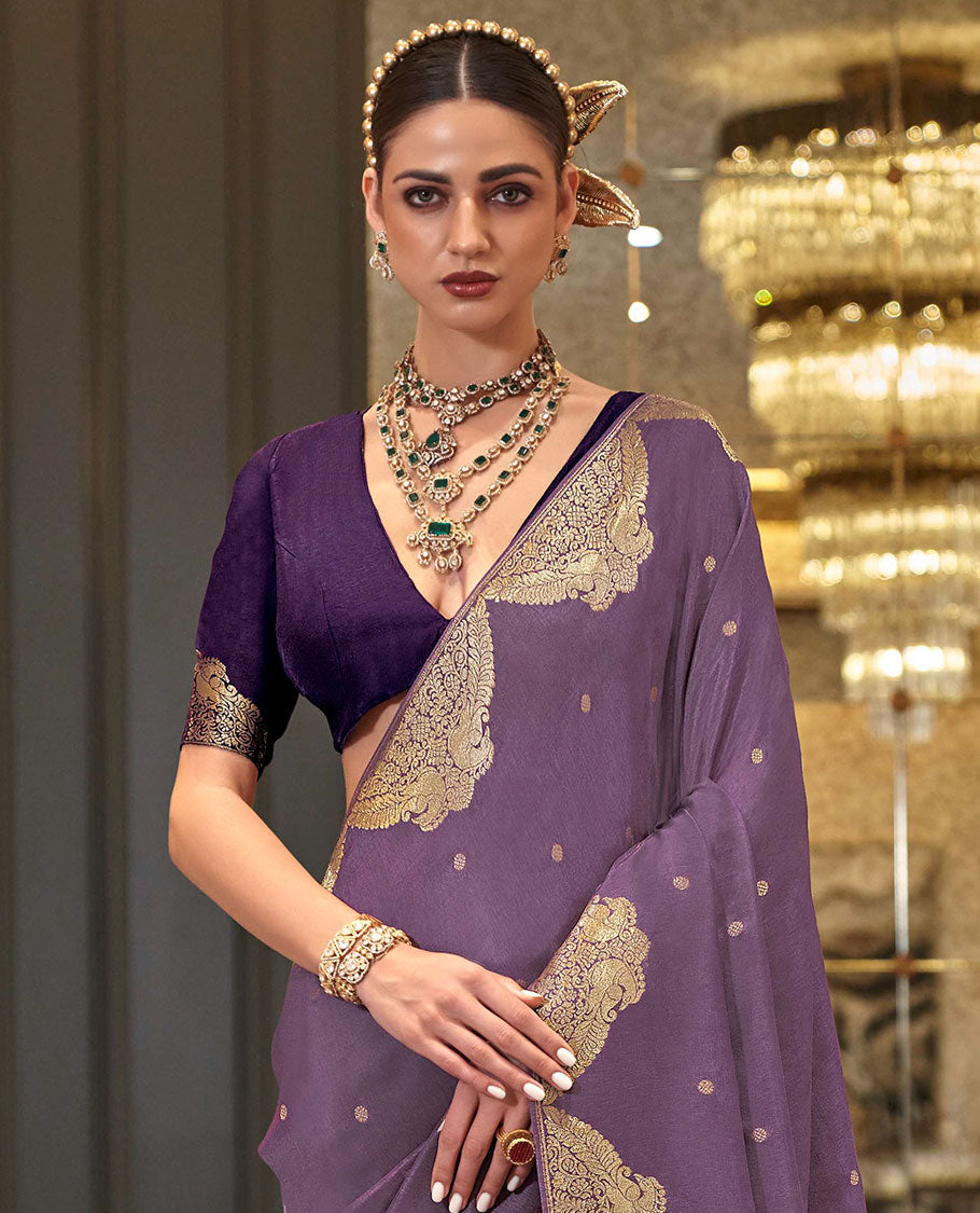 Lavender buttas designer saree, peacock motifs border, and pallu of peacock and intricate designs