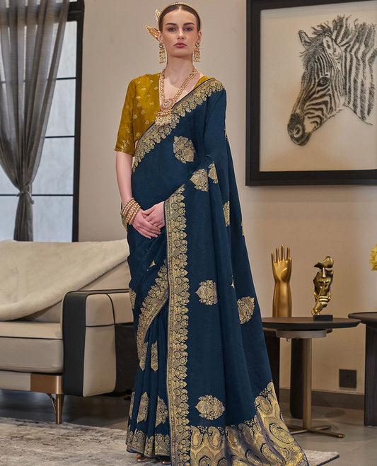 Blue buttas designer saree, intricate border, and pallu of paisley designs