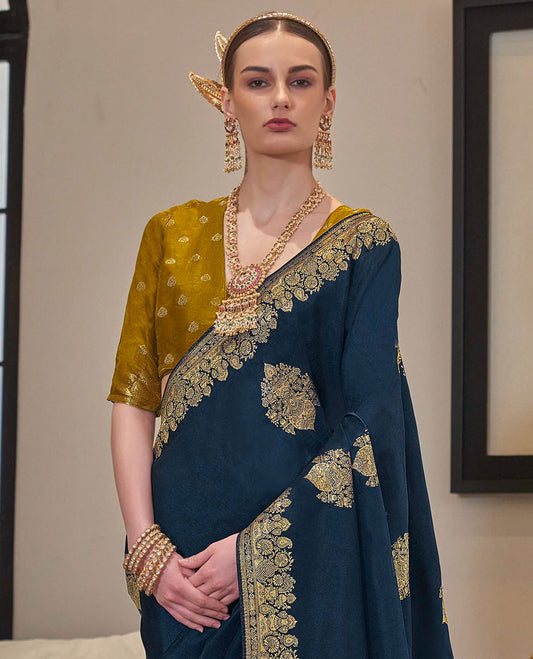 Blue buttas designer saree, intricate border, and pallu of paisley designs