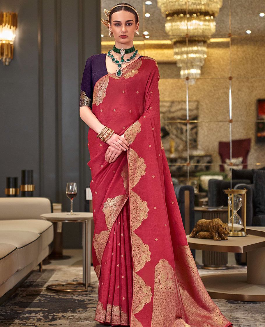 Red buttas designer saree, peacock motifs border, and pallu of peacock and intricate designs