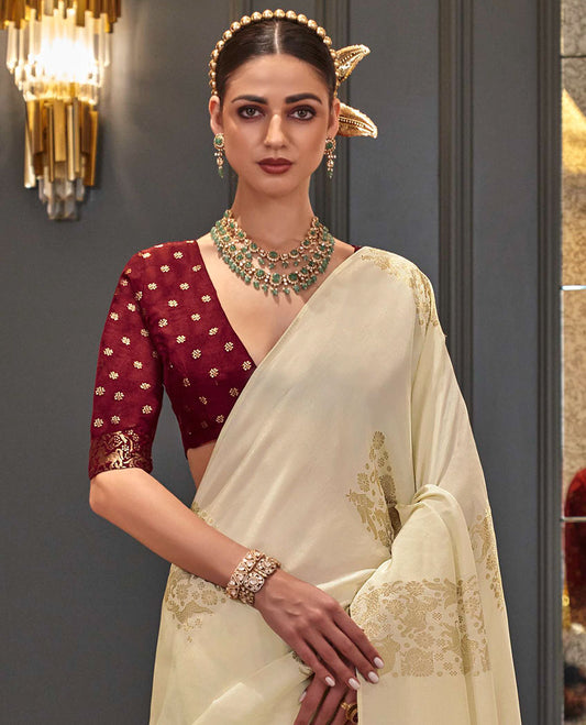 Borderless cream animal motifs designer saree, self-pallu of animal motifs