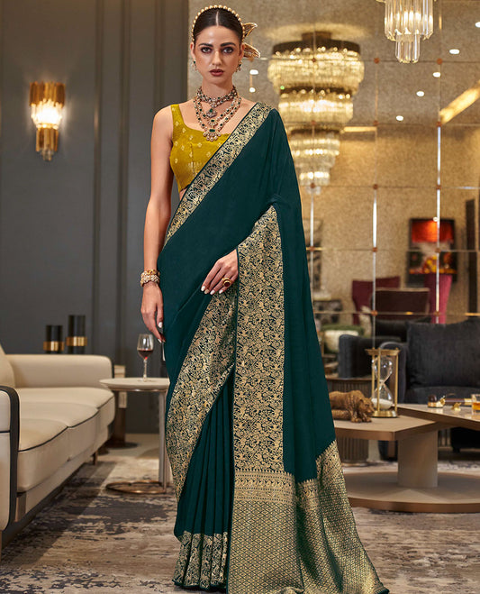 Green plain designer saree, self-border, and animal motifs woven pallu