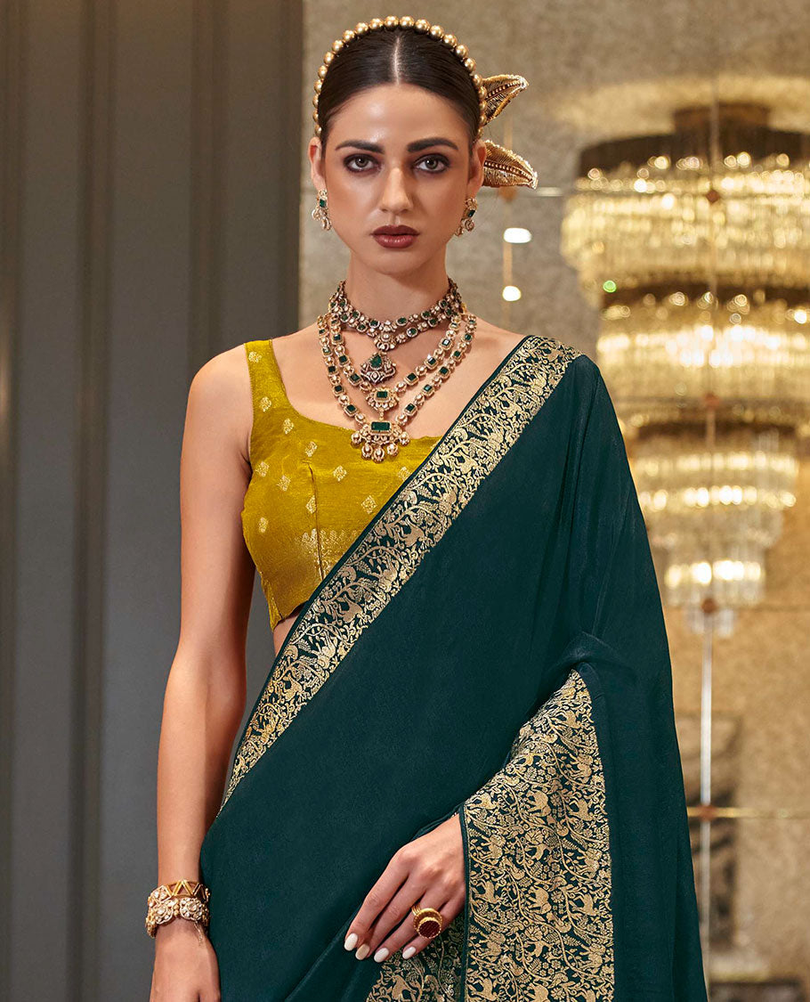 Green plain designer saree, self-border, and animal motifs woven pallu
