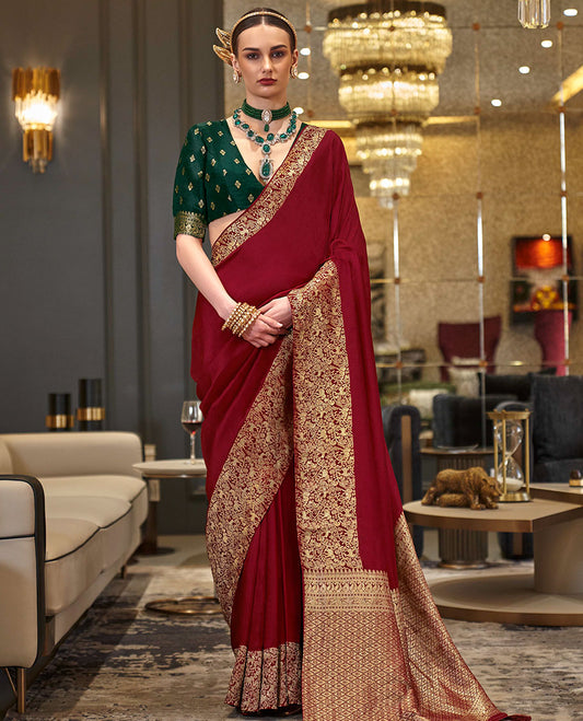 Red plain designer saree, self-border, and animal motifs woven pallu