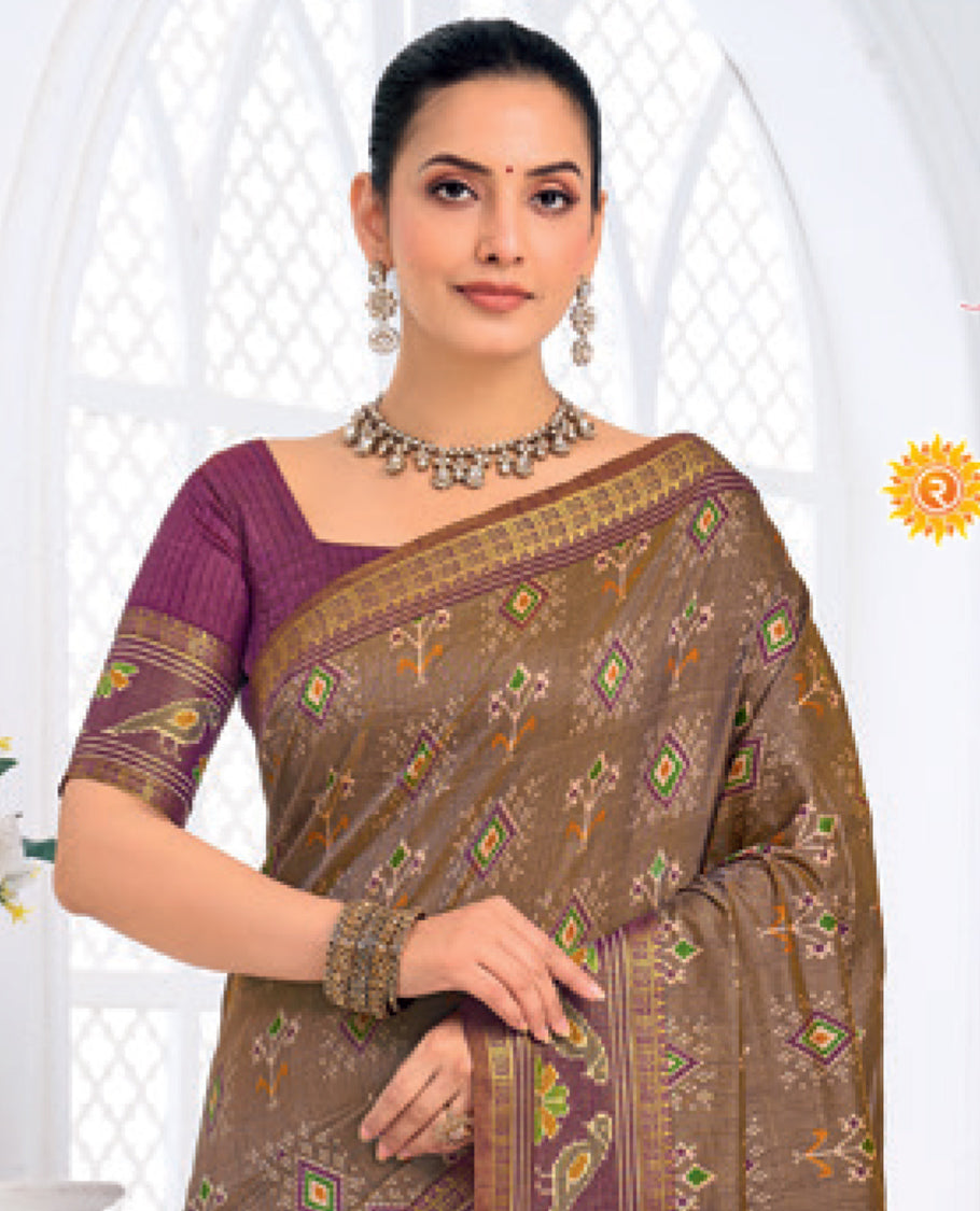 Brown Fancy Raw Silk Designer Catalog Saree, Prettified with Patola-Print, a Contrast Patola Border, Pallu of Patola Parrot Design, and a Contrast Blouse