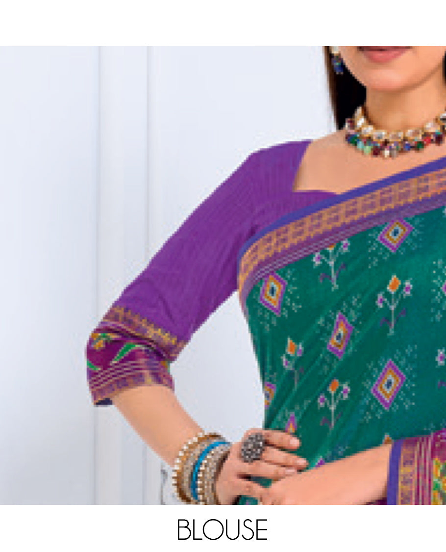 Green-Violet Fancy Raw Silk Designer Catalog Saree, Prettified with Patola-Print, a Contrast Patola Border, Pallu of Patola Parrot Design, and a Contrast Blouse