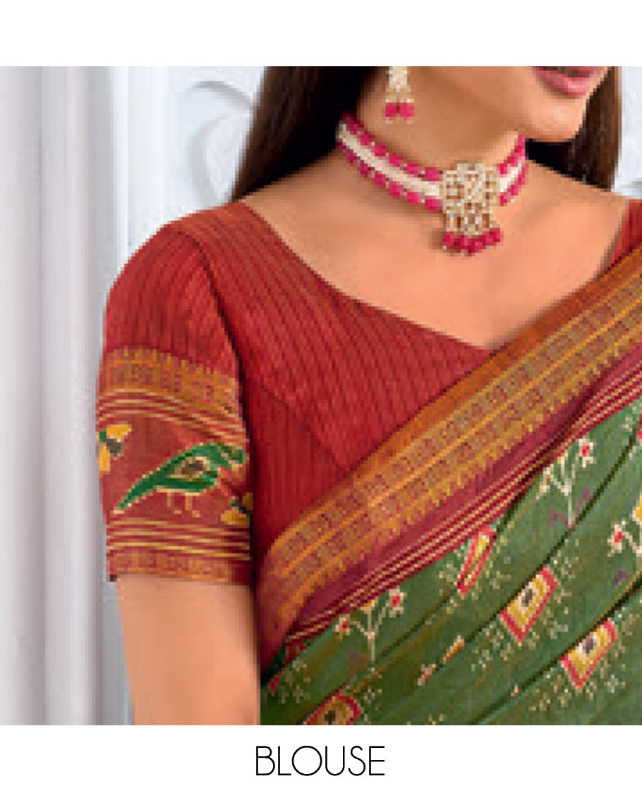 Green Fancy Raw Silk Designer Catalog Saree, Prettified with Patola-Print, a Contrast Patola Border, Pallu of Patola Parrot Design, and a Contrast Blouse