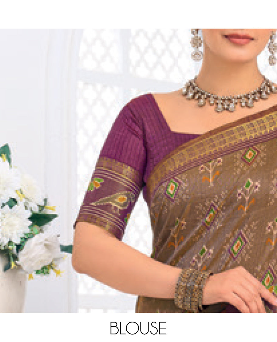 Brown Fancy Raw Silk Designer Catalog Saree, Prettified with Patola-Print, a Contrast Patola Border, Pallu of Patola Parrot Design, and a Contrast Blouse