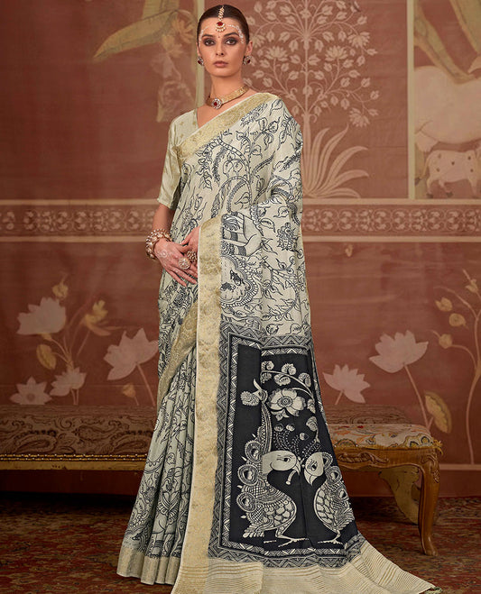 Beige kalamkari printed designer saree, zari border, and contrast kalamkari floral-peacock printed pallu