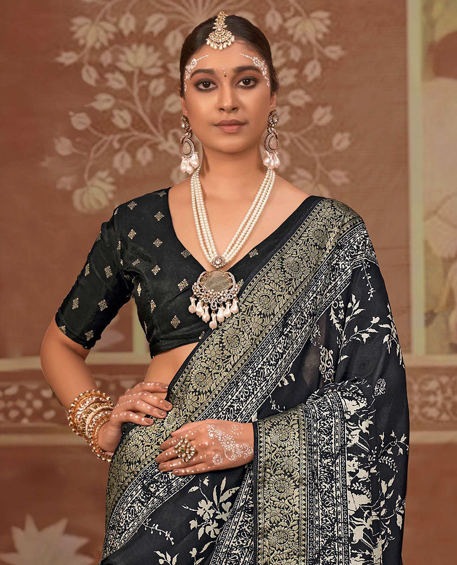 Black floral printed designer saree, floral creeper border, and zari striped pallu