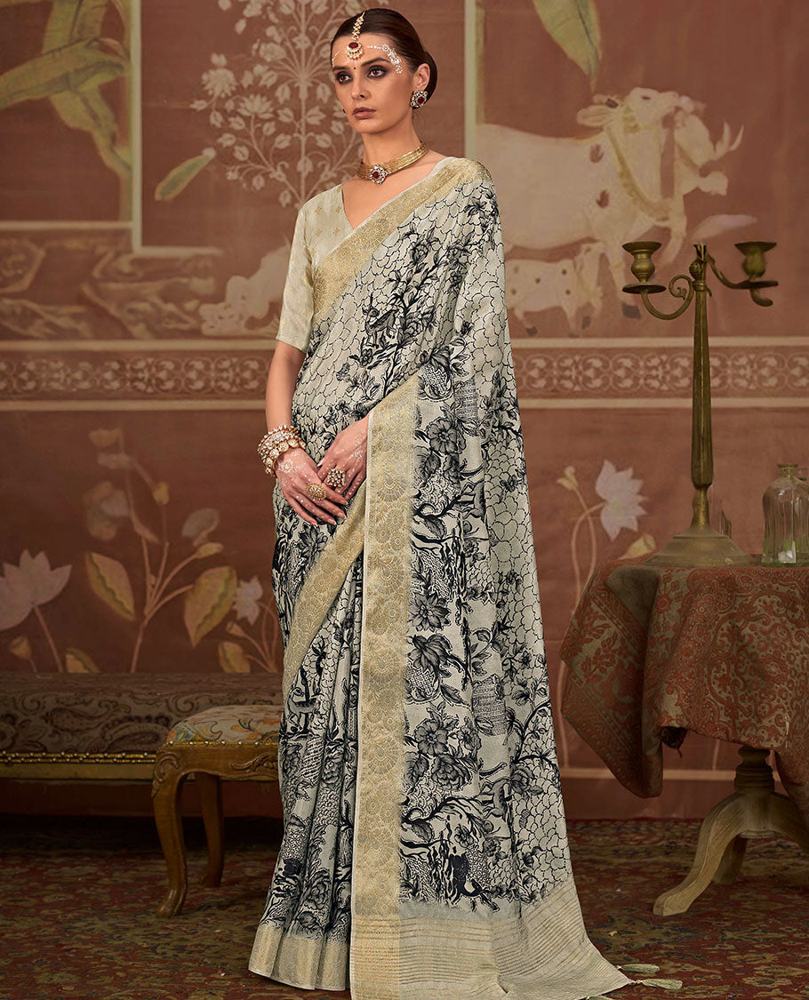 Beige flora-fauna printed designer saree, zari border, and zari striped pallu