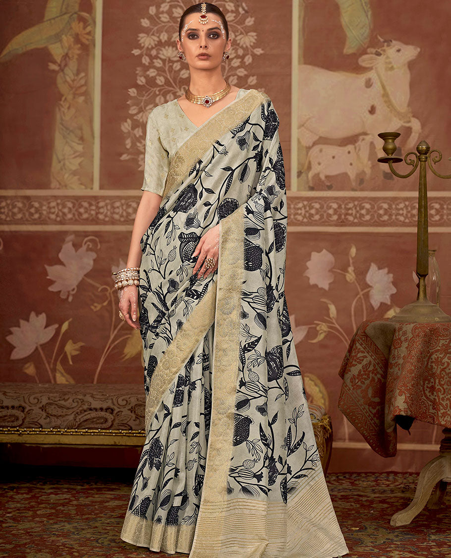 Beige floral vine printed designer saree, floral creeper zari border, and zari striped pallu