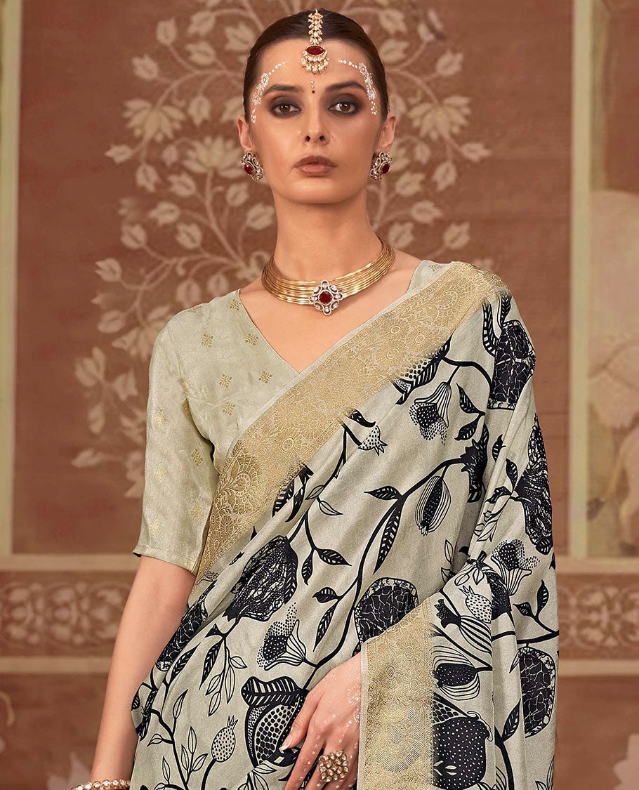 Beige floral vine printed designer saree, floral creeper zari border, and zari striped pallu