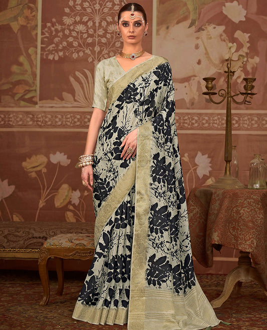 Beige leaf printed designer saree, floral creeper zari border, and zari striped pallu