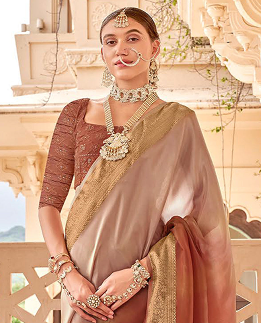 Brown catalouge designer saree with self zari design border & striped pallu