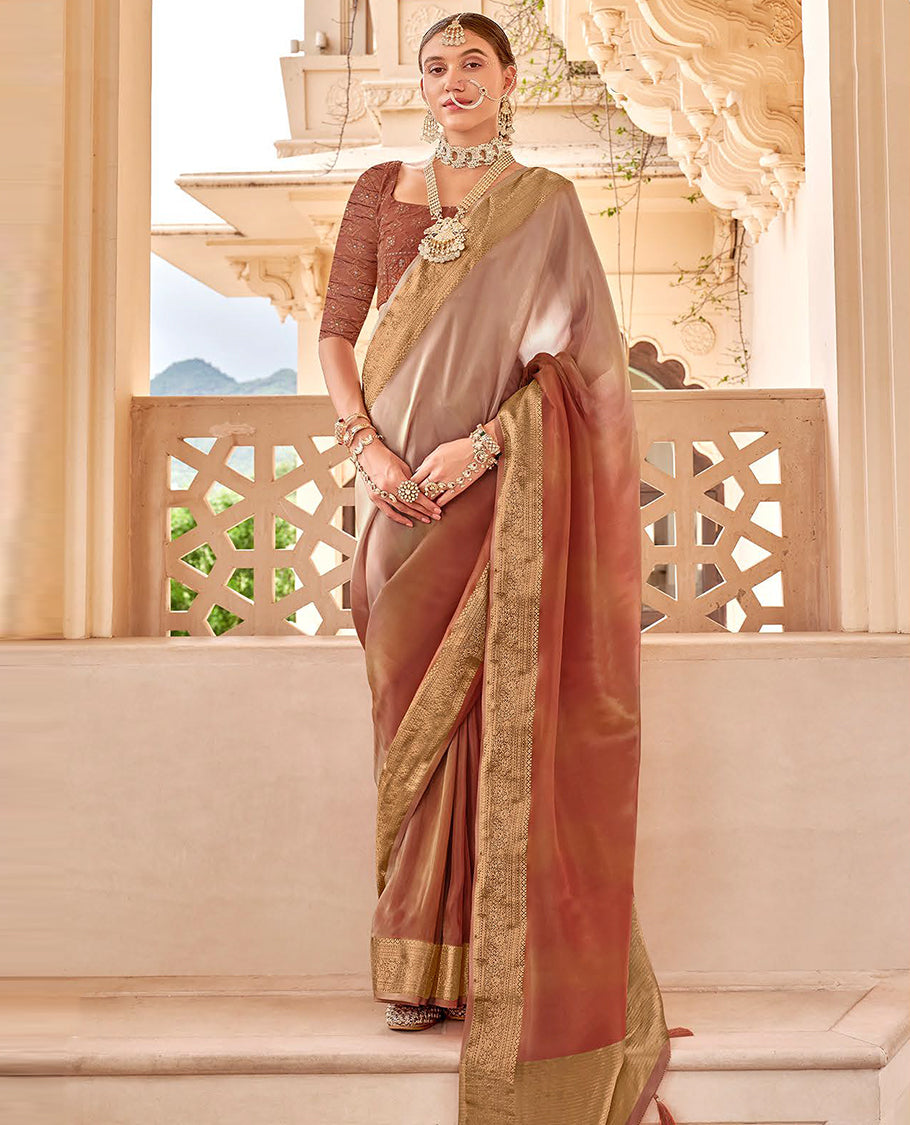 Brown catalouge designer saree with self zari design border & striped pallu