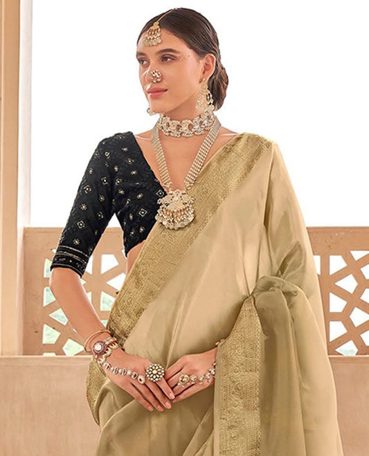 Pale brown catalouge designer saree with self zari design border & striped pallu