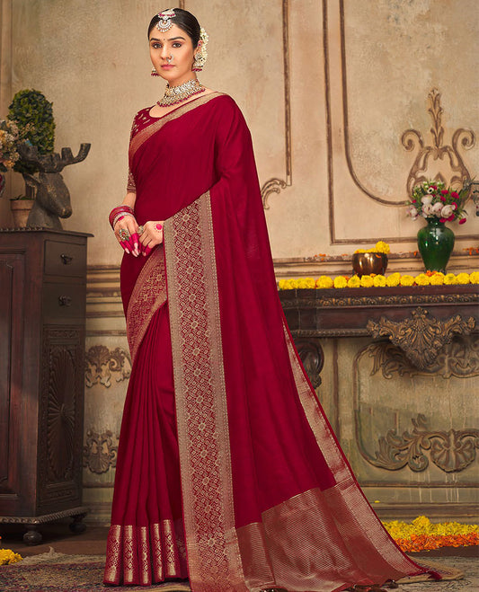 Red plain designer saree, patola-style motifs woven border, and zari striped pallu
