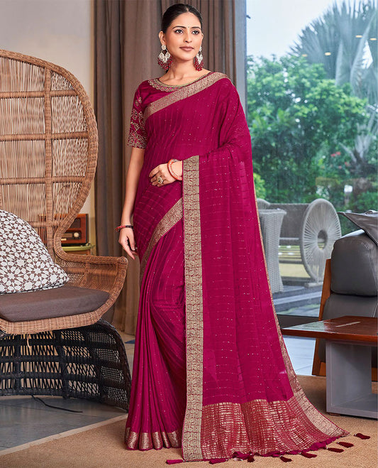 Red striped sequins embroidery catalouge designer saree with self floral zari design border & striped pallu