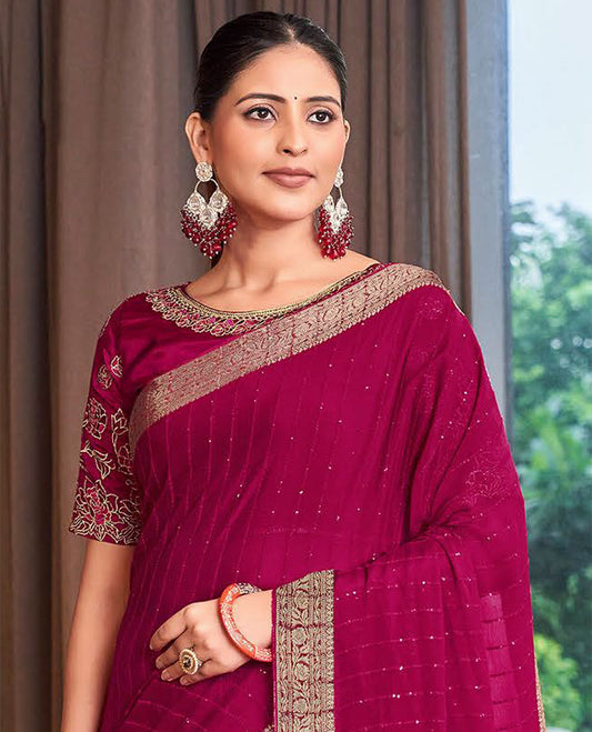 Red striped sequins embroidery catalouge designer saree with self floral zari design border & striped pallu