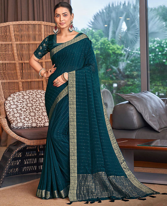 Blue striped sequins embroidery catalouge designer saree with self floral zari design border & striped pallu