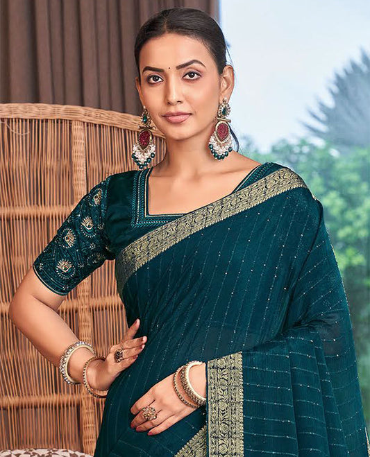 Blue striped sequins embroidery catalouge designer saree with self floral zari design border & striped pallu