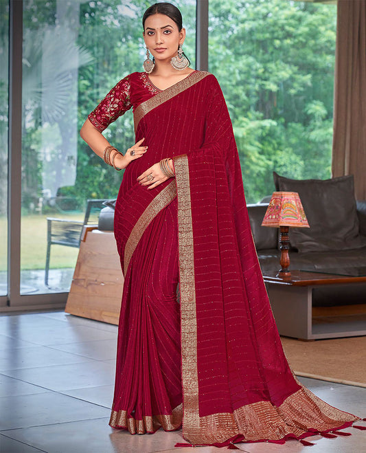 Red striped sequins embroidery catalouge designer saree with self zari design border & striped pallu