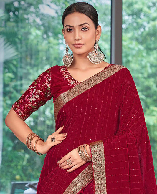 Red striped sequins embroidery catalouge designer saree with self zari design border & striped pallu