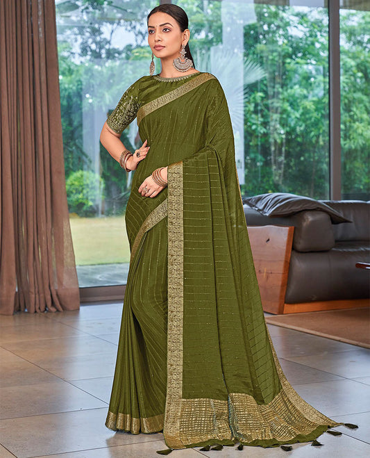 Green striped sequins embroidery catalouge designer saree with self floral zari design border & striped pallu