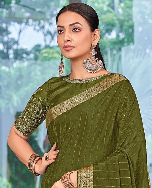 Green striped sequins embroidery catalouge designer saree with self floral zari design border & striped pallu