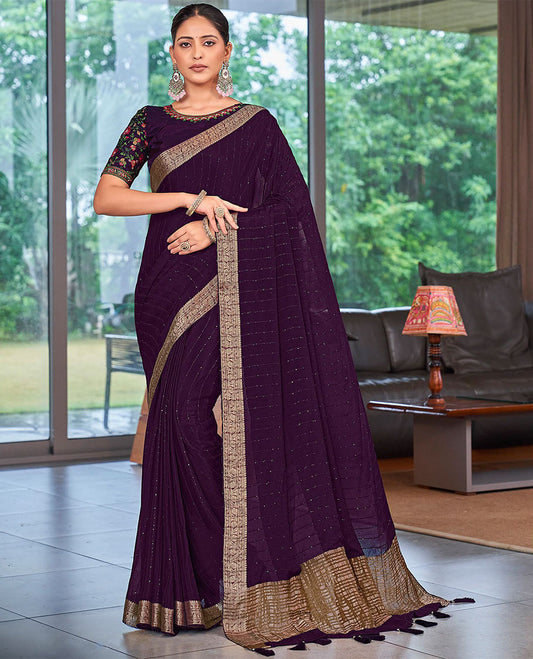 Violet striped sequins embroidery catalouge designer saree with self floral zari design border & striped pallu