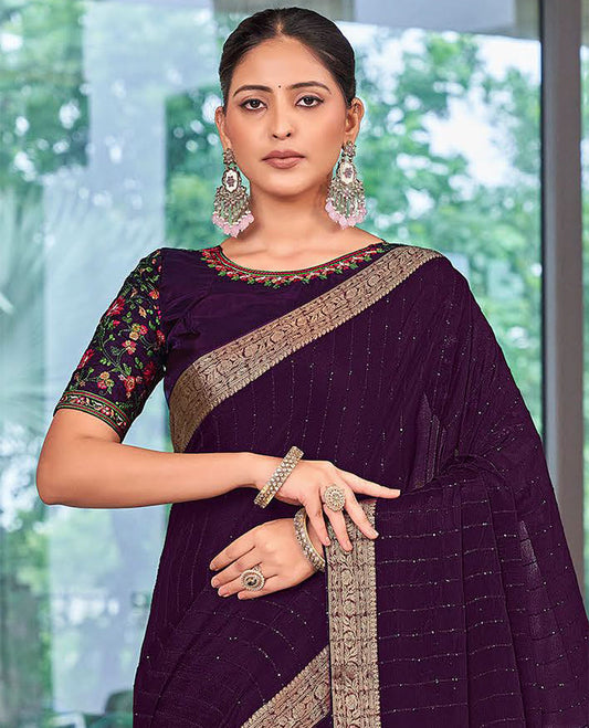 Violet striped sequins embroidery catalouge designer saree with self floral zari design border & striped pallu