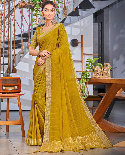 Mustard striped sequins embroidery catalouge designer saree with self floral zari design border & striped pallu