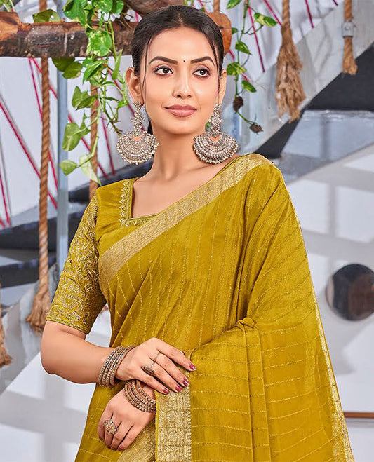 Mustard striped sequins embroidery catalouge designer saree with self floral zari design border & striped pallu