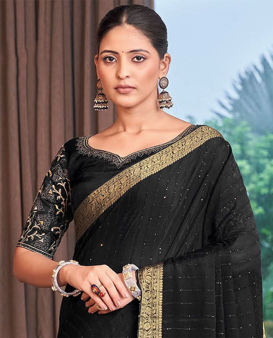 Black striped sequins embroidery catalouge designer saree with self floral zari design border & striped pallu