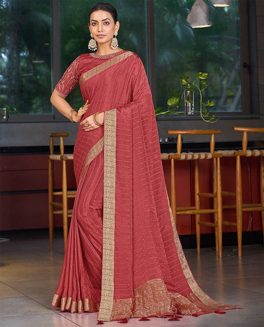 Dusty Red striped sequins embroidery catalouge designer saree with self floral zari design border & striped pallu