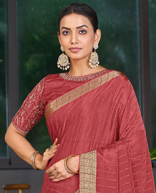 Dusty Red striped sequins embroidery catalouge designer saree with self floral zari design border & striped pallu