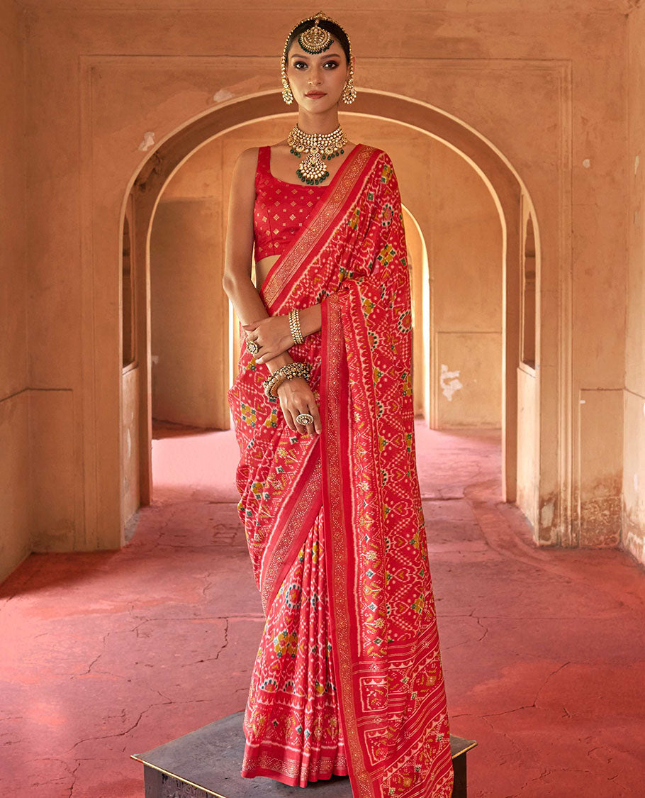 Red double-ikkat patola printed designer catalog saree, stone work border, and patola patterned pallu