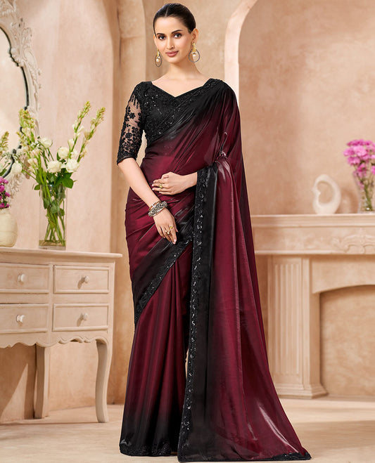 Red Designer Saree Featuring Ombre-Color Dyed All Over the Saree, Graced with Floral Embroidered Border, and Comes with a Contrast Intricately Embroidered Blouse
