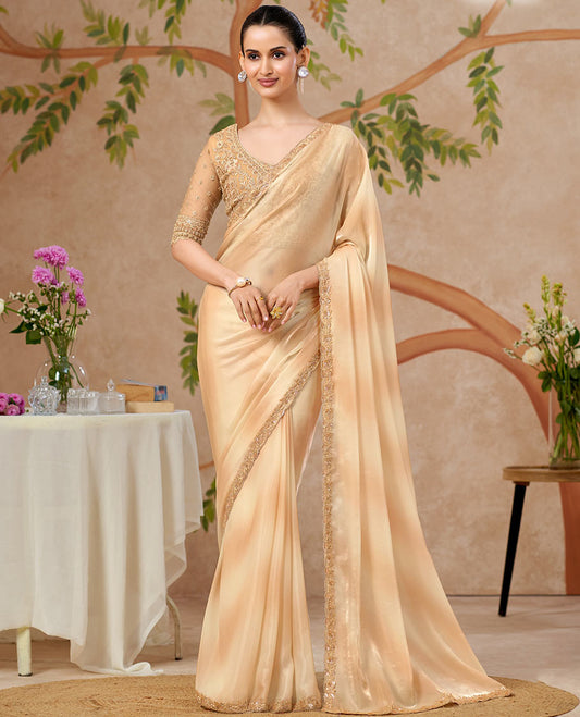Sandal Plain Designer Saree, Gleamed Up with Embroidered Border, and Comes with Intricately Embroidered Blouse