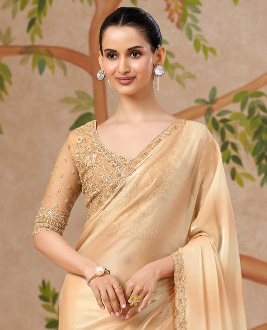 Sandal Plain Designer Saree, Gleamed Up with Embroidered Border, and Comes with Intricately Embroidered Blouse
