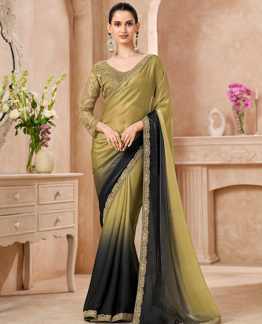Green Designer Saree Featuring Ombre-Color Dyed All Over the Saree, Artfully Detailed with Embroidered Border, and Comes with a Contrast Intricately Embroidered Blouse