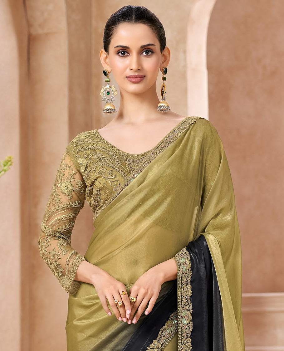 Green Designer Saree Featuring Ombre-Color Dyed All Over the Saree, Artfully Detailed with Embroidered Border, and Comes with a Contrast Intricately Embroidered Blouse